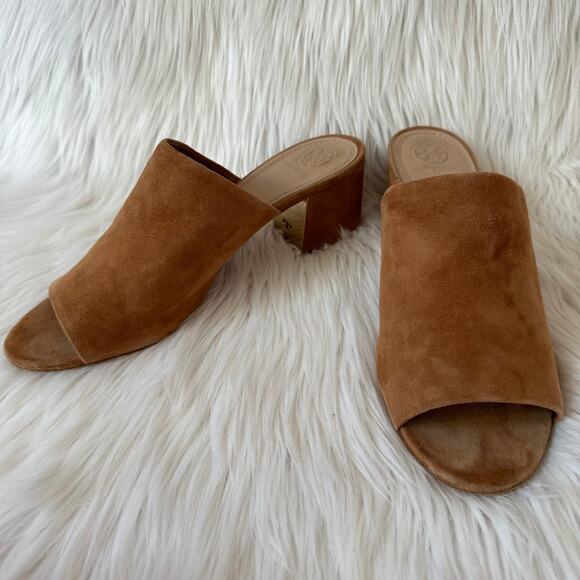 Tory Burch Salinas Mule Suede Leather Open Toe Block Heel Sandals, Tan - Picture 4 of 11